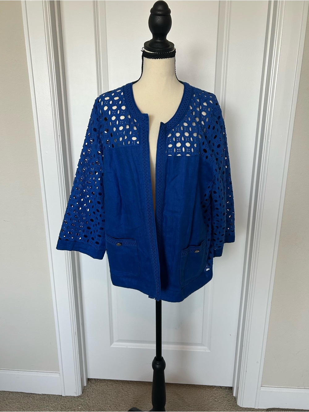 Blue Women's Openwork Crochet Jacket